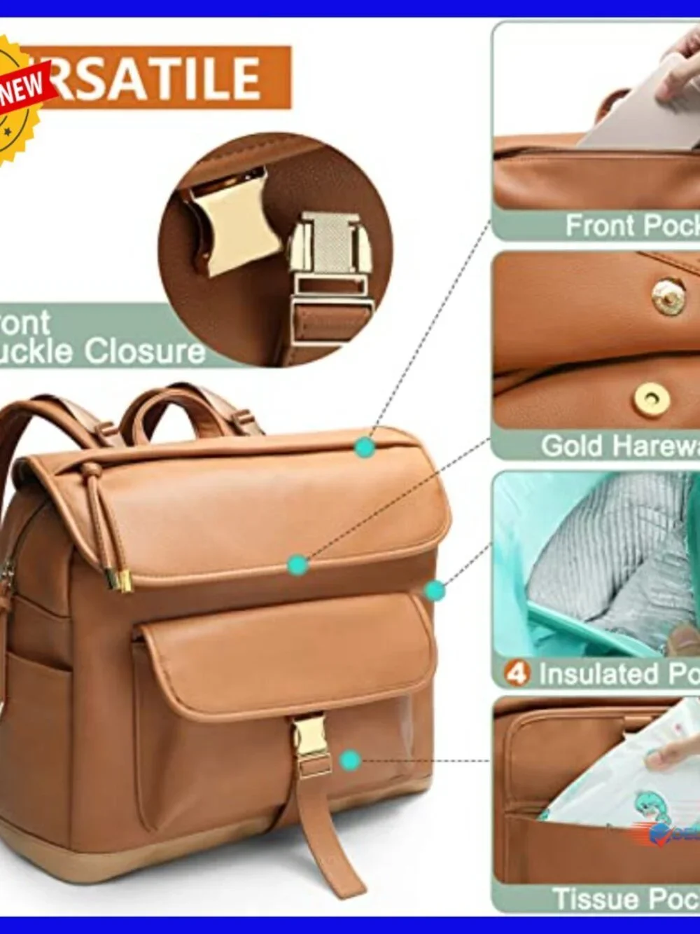 Leather Diaper Bag Backpack, 12 Pockets, Insulated, Changing Pad